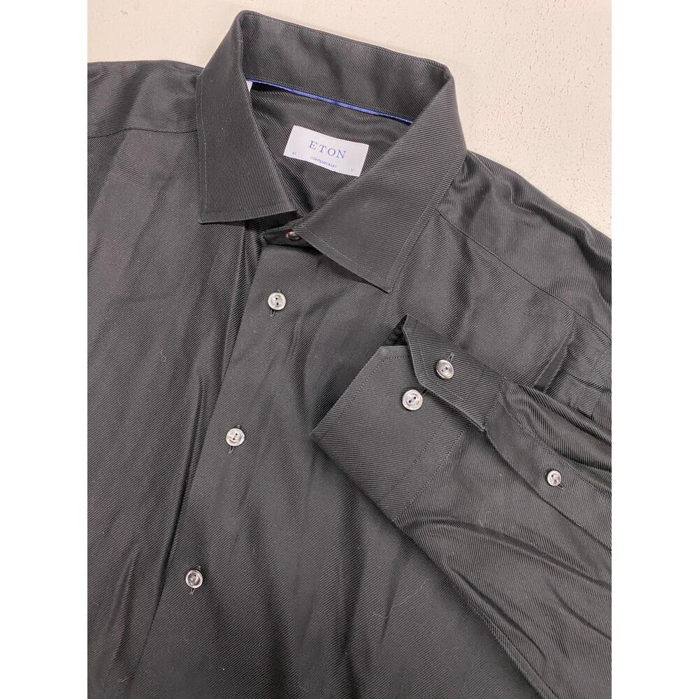 Men ETON Contemporary solid black textured cotton button up dress shirt 17-43